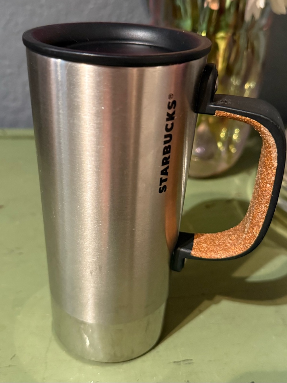 STARBUCKS insulated travel mug with cork handle and base